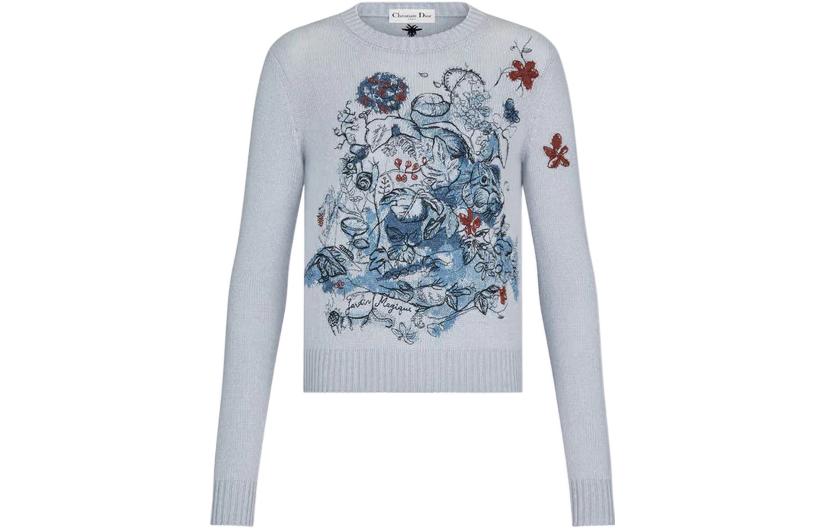 DIOR Long-sleeve with a round collar, cashmere blue sweater, print