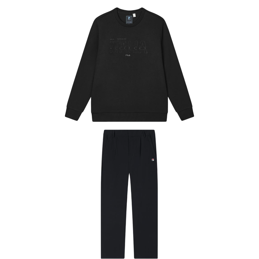 FILA Casual Sportswear Men's Clothing Sets Jet Black Top+Legend Blue Bottom Crew Neck Moderate