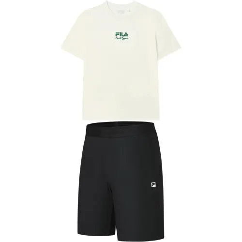 FILA Casual Sportswear Men's Clothing Sets Sweet Milk White Short Sleeved Shirt+Pitch Black Shorts Crew Neck Moderate