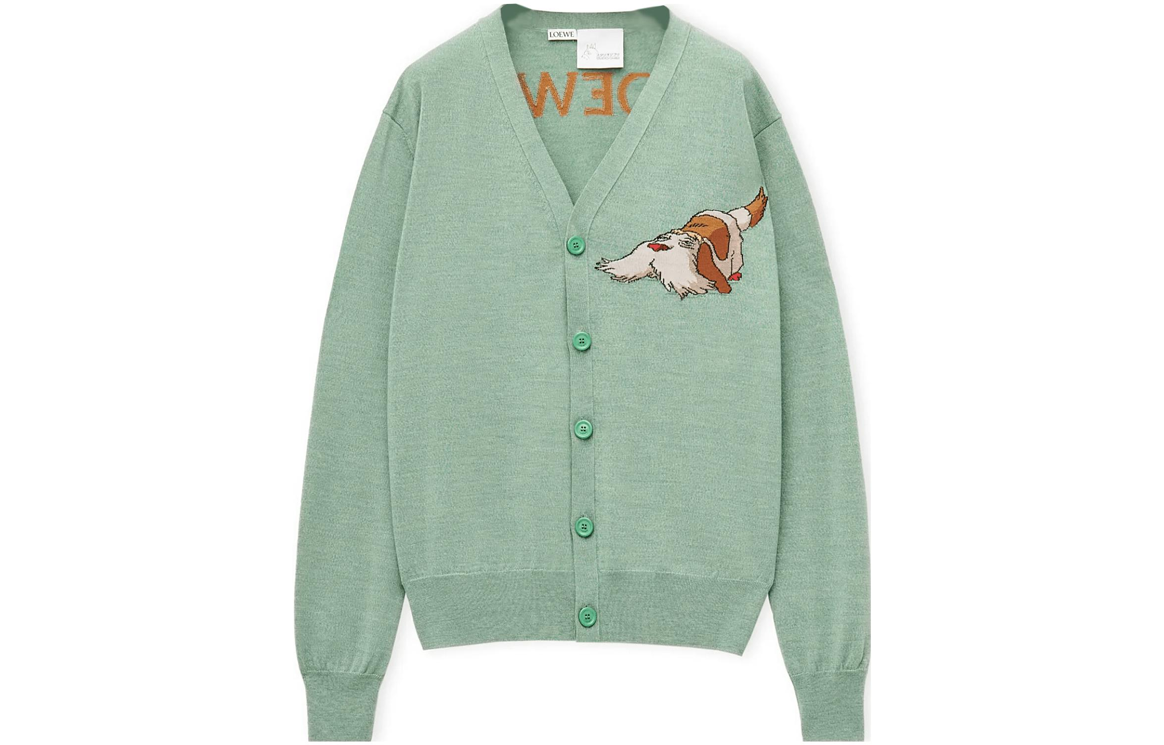 LOEWE Loewe SS23 x Howl's Moving Castle joint model SS23 cartoon animation pattern wool long-sleeved cashmere sweater for women, fennel green