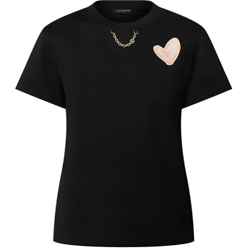 LOUIS VUITTON FW24 Heart Print Chain Crew Neck Short Sleeved T Shirt Women's Black