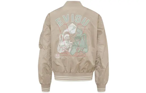 EVISU Letters Buddha Head Patchwork and Logo Embroidery Zipper Jacket Women's Sand Color