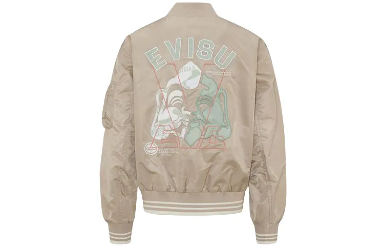 EVISU Letters Buddha Head Patchwork and Logo Embroidery Zipper Jacket Women's Sand Color