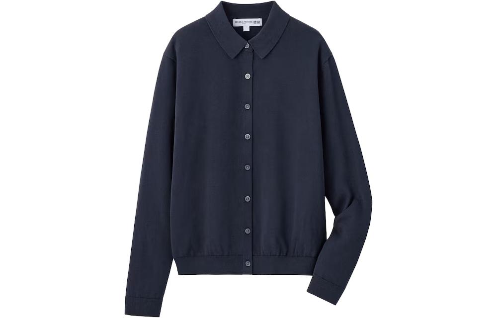 UNIQLO Knitwear Women's Navy Blue Polo Collar Moderate Cardigan