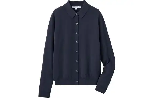 UNIQLO Knitwear Women's Navy Blue Polo Collar Moderate Cardigan