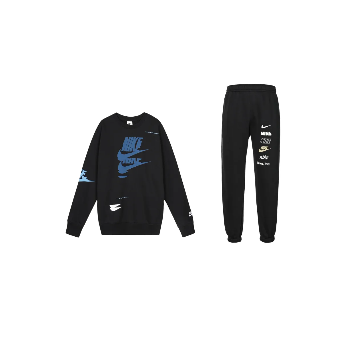 Nike Letter Logo Fleece Lined Sports Pullover Long Sleeved Top With Elastic Mid Rise Pants Sweatshirt Set Men's Black