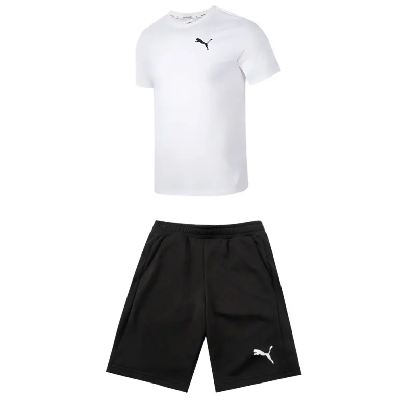 PUMA Casual Sportswear Men's Set White Top+Black Shorts Crew Neck Moderate