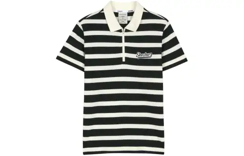 Skechers Polo Shirt Women's Carbon Black Ecru Stripes