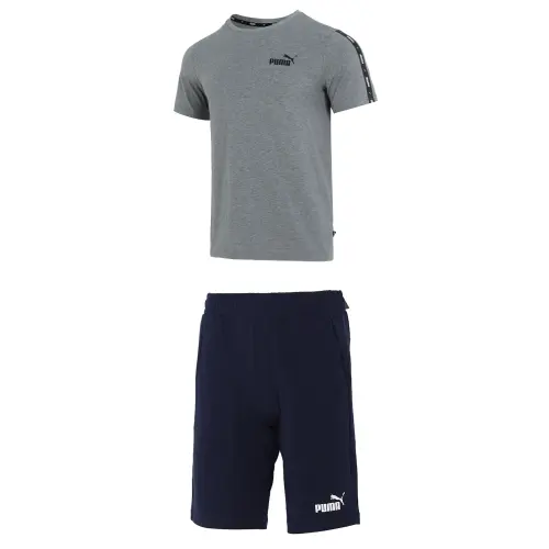 PUMA Casual Sportswear Men's Set Gray Top+Blue Shorts Crew Neck Moderate
