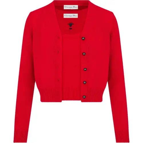 DIOR Knitwear Women's Red V Neck Moderate Two Piece Set