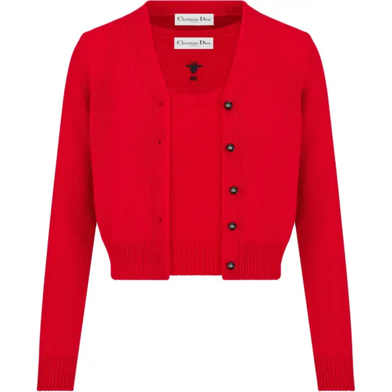 DIOR Knitwear Women's Red V Neck Moderate Two Piece Set
