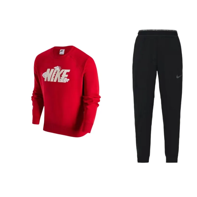 Nike CNY Collection Logo Fleece Lined Crew Neck Top Knitted Fabric Elastic Cuff Pants Sweatshirt Set Men's
