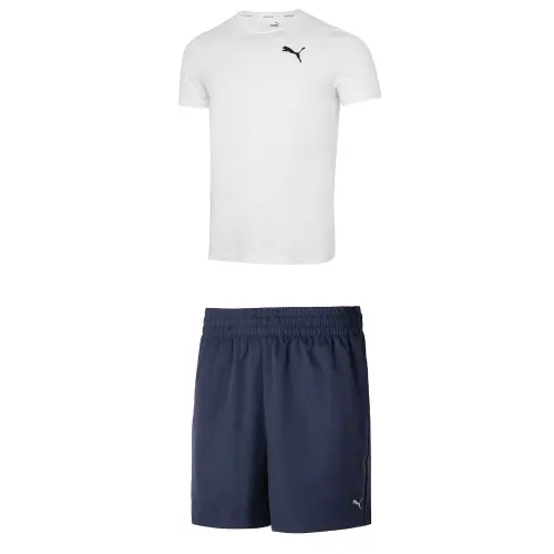 PUMA Casual Sportswear Men's Clothing Set White Top+Blue Shorts Crew Neck Moderate