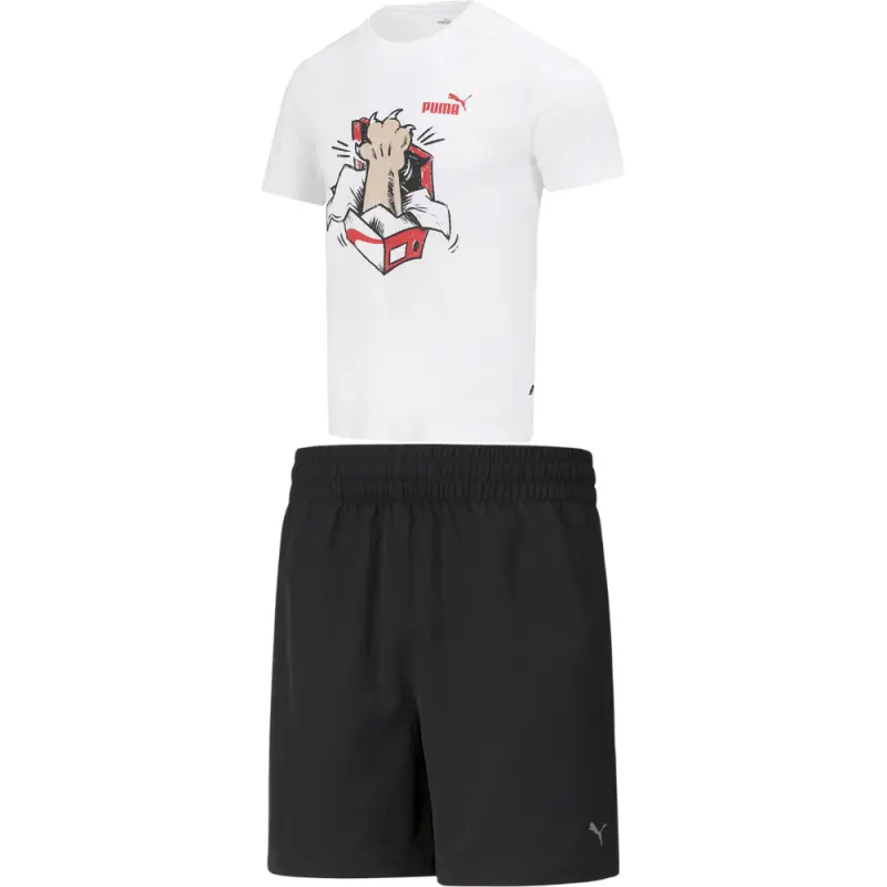 PUMA Casual Sportswear Men's Set White Top+Black Shorts Crew Neck Moderate