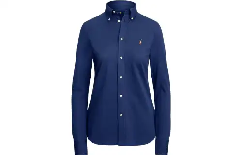 Polo Ralph Lauren FW23 pony embroidered solid color cotton lapel long-sleeved single-breasted shirt classic version women's navy blue