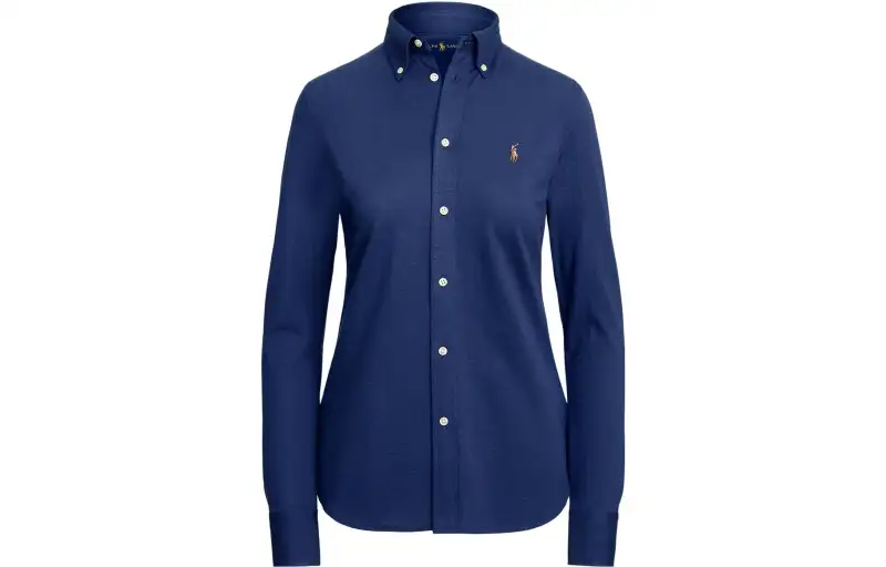 Polo Ralph Lauren FW23 pony embroidered solid color cotton lapel long-sleeved single-breasted shirt classic version women's navy blue