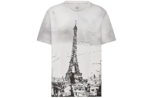 DIOR FW24 Eiffel Tower Print Crew Neck Short Sleeved T Shirt Women's White