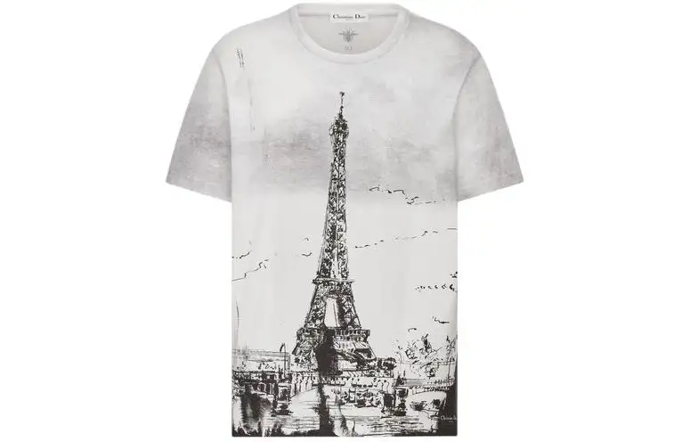 DIOR FW24 Eiffel Tower Print Crew Neck Short Sleeved T Shirt Women's White