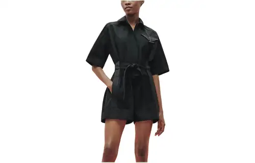 HERMES Bodysuits Women's Black Lapel Straight Fit