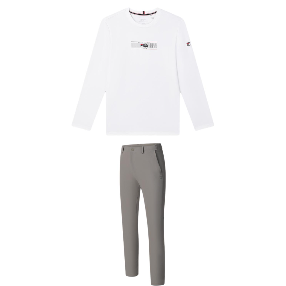 FILA Casual Sportswear Men's Clothing Sets Standard White Top+Serpentine Green Bottom Crew Neck Moderate