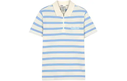 Skechers Polo Shirt Women's Calm Blue Beige White Stripes