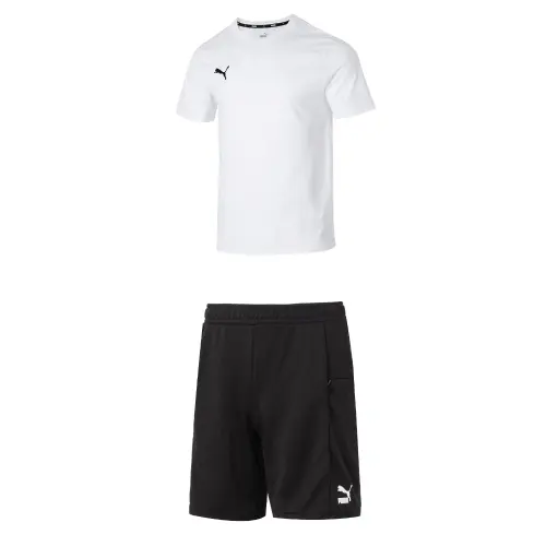 PUMA Casual Sportswear Men's Set White Top+Black Shorts Crew Neck Moderate