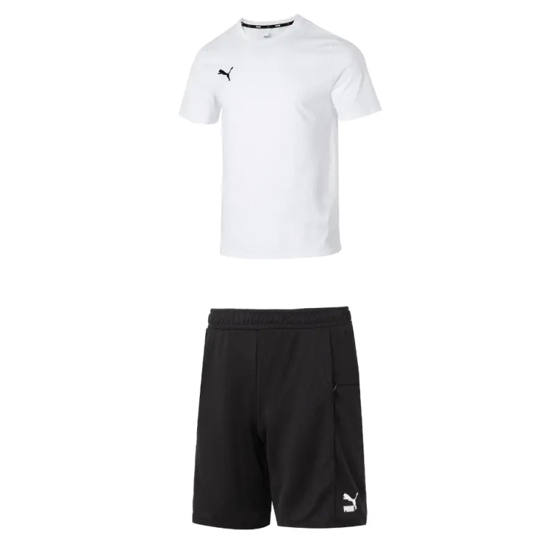 PUMA Casual Sportswear Men's Set White Top+Black Shorts Crew Neck Moderate
