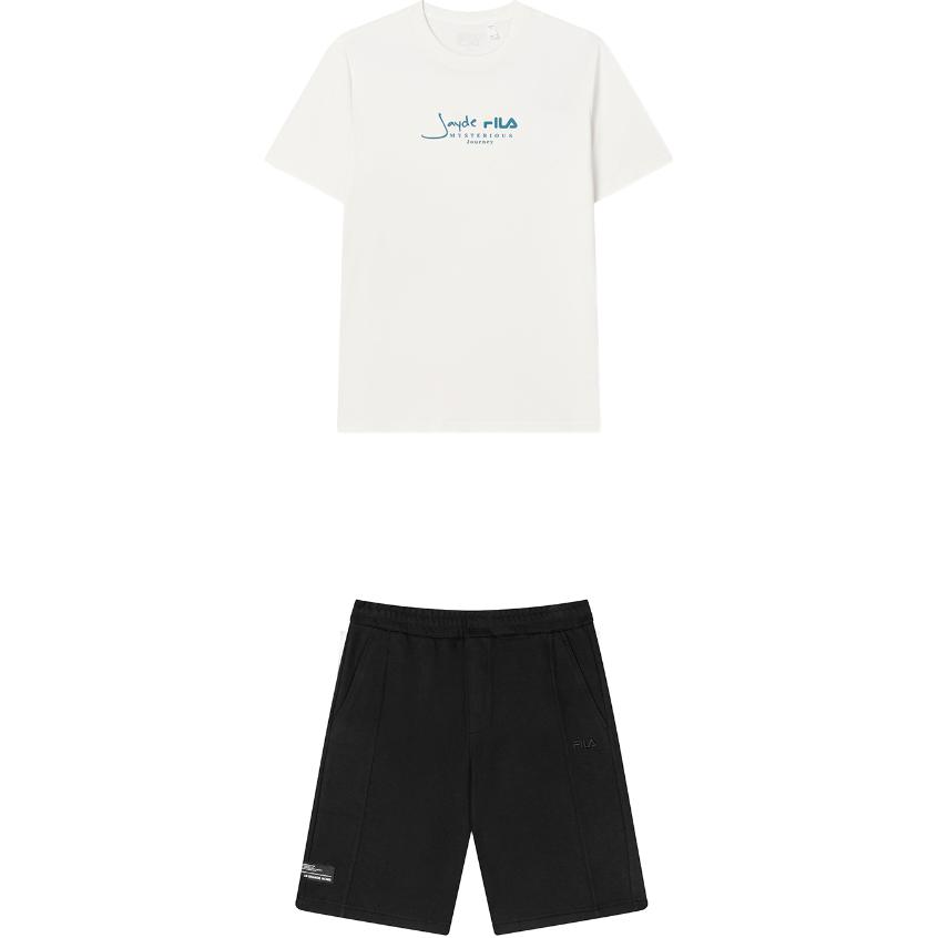 FILA Casual Sportswear Men's Clothing Sets Cloud White Top+Black Shorts Crew Neck Moderate