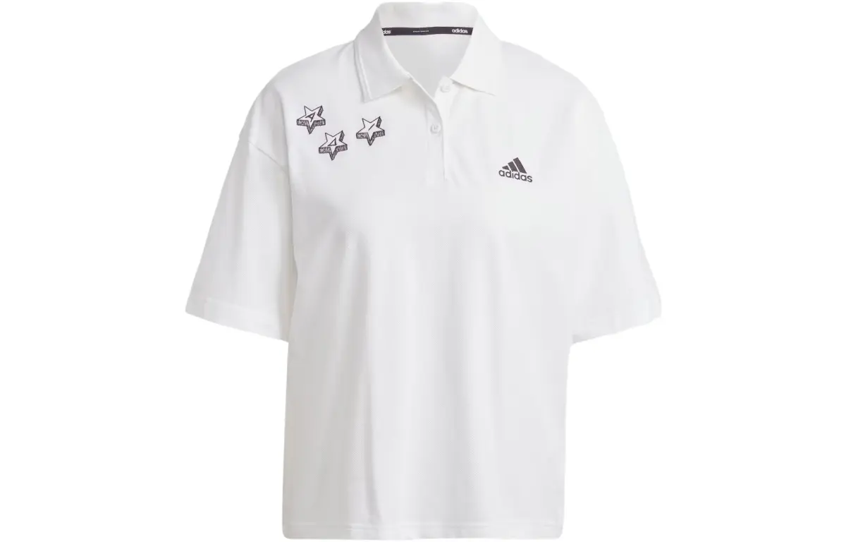 Adidas SCRIBBLE Polo Shirts Women's White Polo Collar Moderate Straight Fit