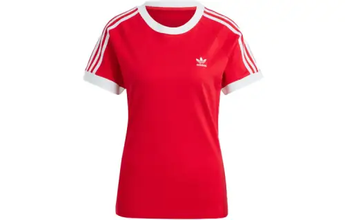 Adidas Originals 3 Stripes T Shirts Women's Red Crew Neck Moderate Straight Fit