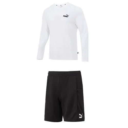 PUMA Casual Sportswear Men's Set White Long Sleeved Shirt+Black Shorts Crew Neck Moderate