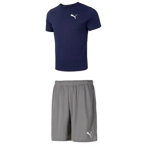 PUMA Casual Sportswear Men's Set Blue Top+Gray Shorts Crew Neck Moderate