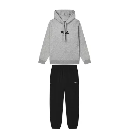 FILA Casual Sportswear Men's Clothing Sets Top Cloud Mist Heather Gray+Bottom Black Hooded Moderate