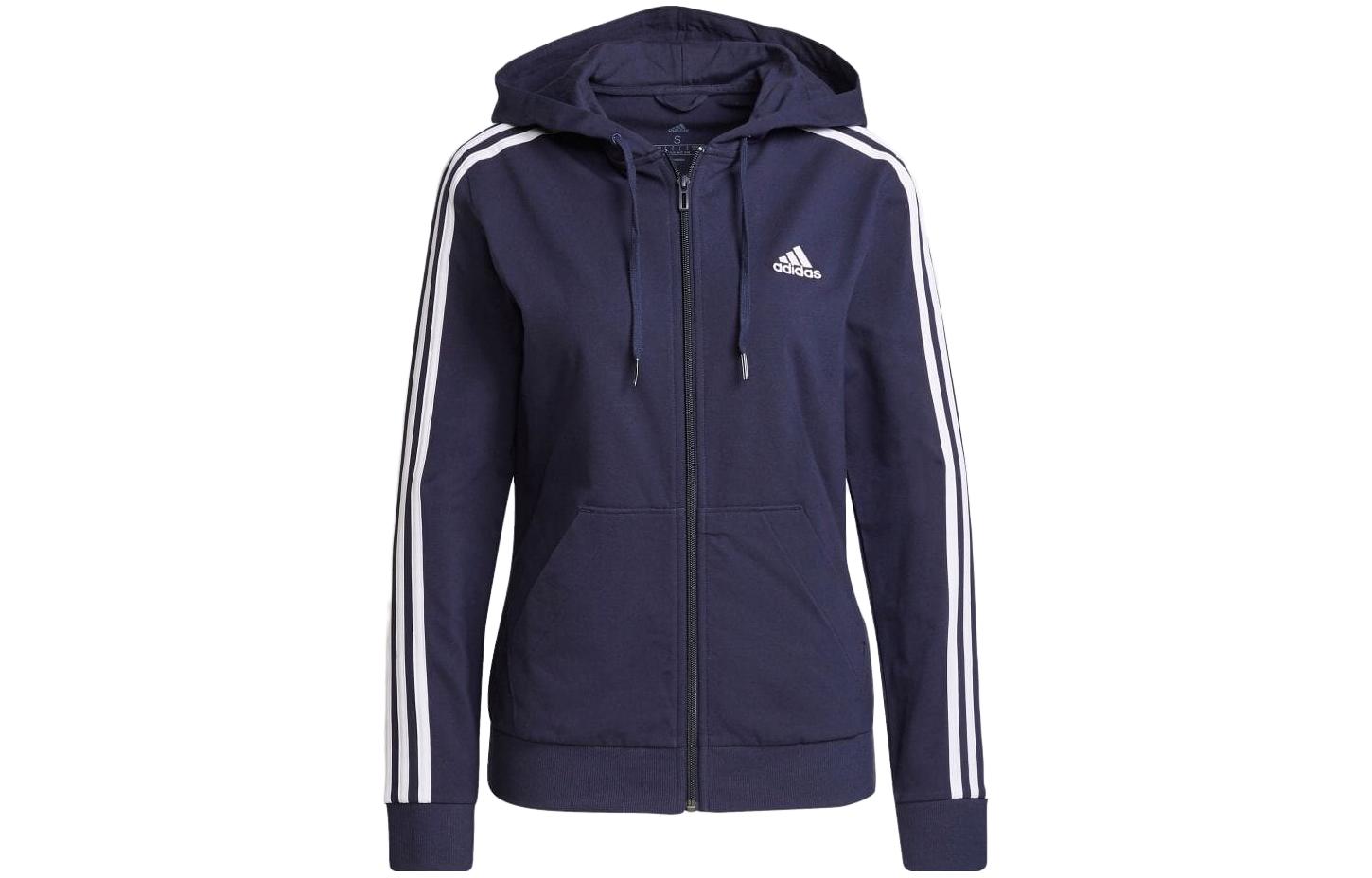 Adidas Essentials Single Jersey 3 Stripes Full Zip Hoodie Jackets & Coats Women's Blue
