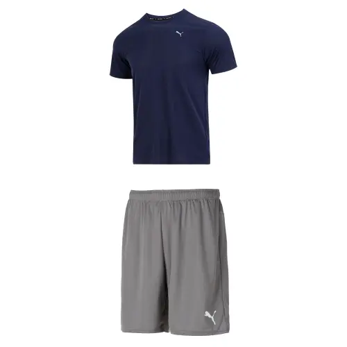 PUMA Casual Sportswear Men's Blue T Shirt+Gray Shorts Crew Neck Moderate