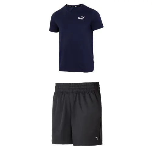 PUMA Casual Sportswear Men's Set Blue Short Sleeved Shirt+Black Shorts V Neck Moderate