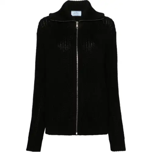 Prada enamel-triangle zip-up cardigan