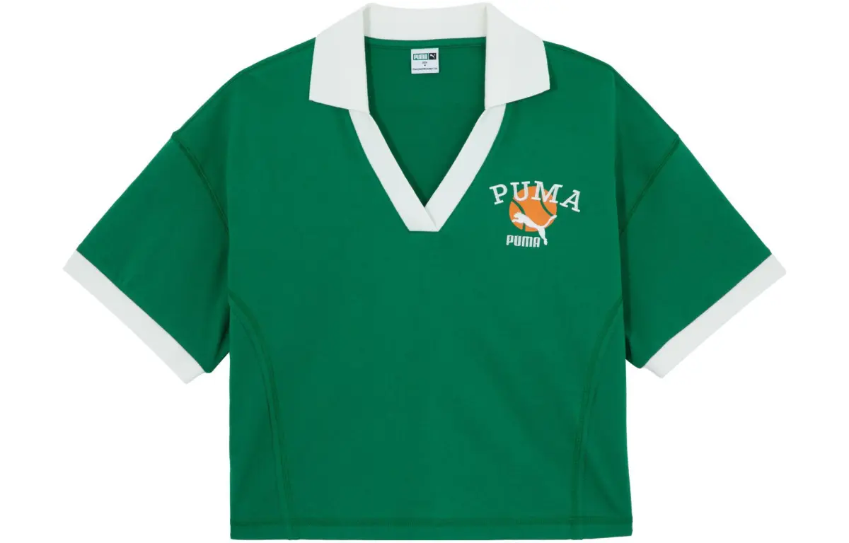PUMA CLASSICS Polo Shirts Women's Green V-neck Moderate Straight Fit
