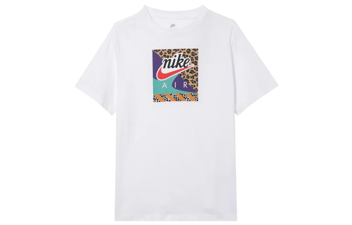 Nike Women'ss Leopard Print Sporty Retro Crewneck T-Shirt White