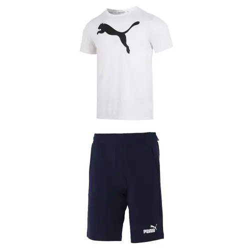 PUMA Casual Sportswear Men's Clothing Set White Top+Blue Shorts Crew Neck Moderate
