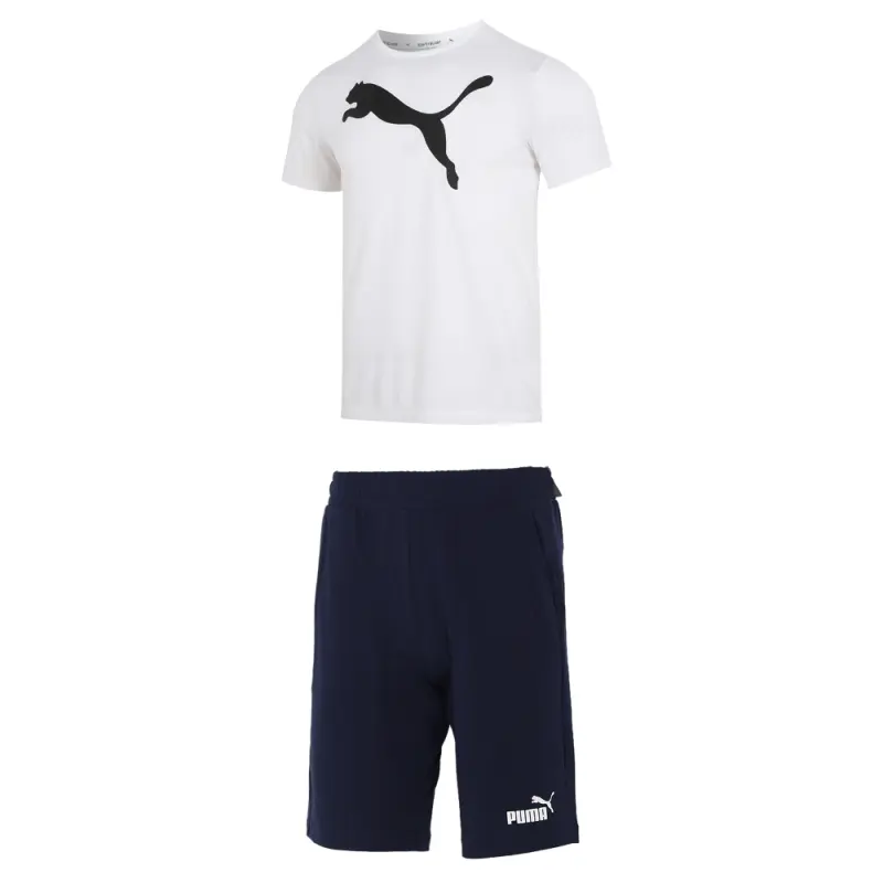 PUMA Casual Sportswear Men's Clothing Set White Top+Blue Shorts Crew Neck Moderate