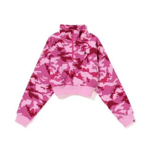 Bape Women's Woodland Camo Cropped Half Zip Sweater Pink