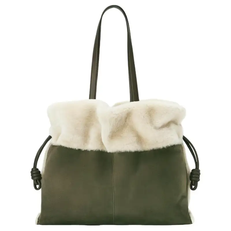 LOEWE Flamenco Wool Plush Bag, Handheld Crossbody Bag, Shoulder Bag Extra Large Women's Khaki Green