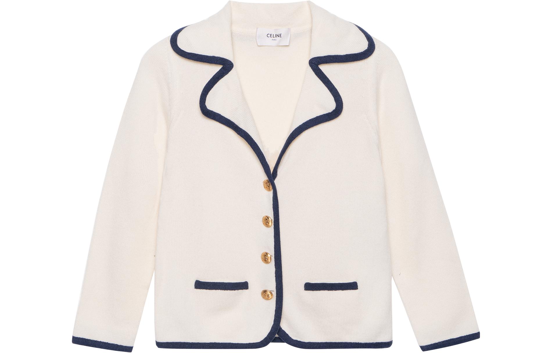 CELINE Celine SS23 striped trim single-breasted long-sleeved sweater for women, off-white