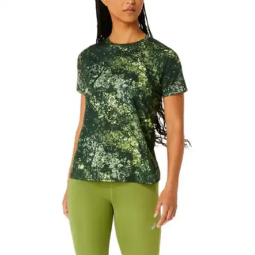 ASICS T Shirts Women's Green Crew Neck Moderate Straight Fit