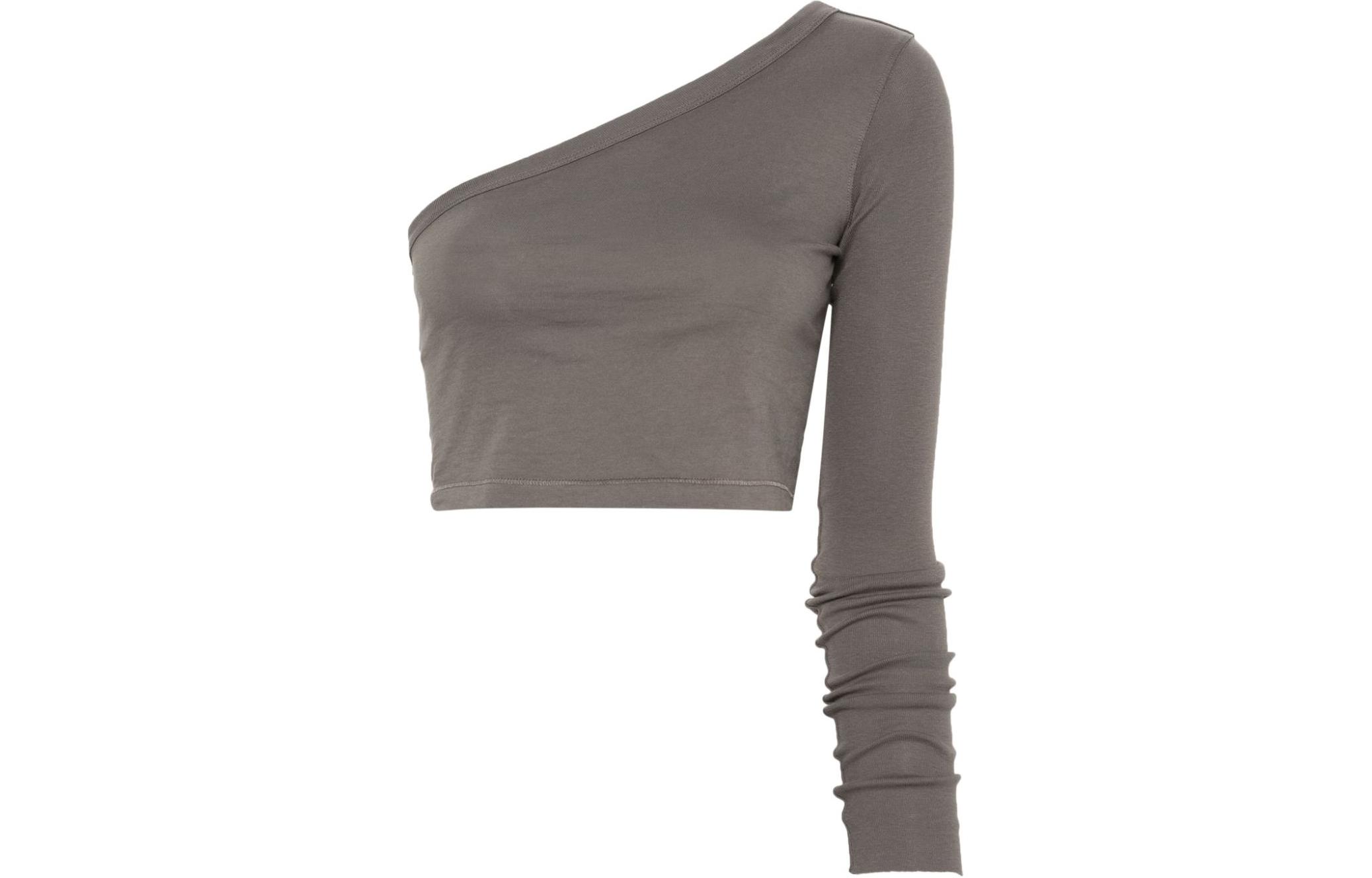 RICK OWENS /RO solid color slim asymmetrical one-shoulder long-sleeved waist-exposed short regular T-shirt women's medium gray