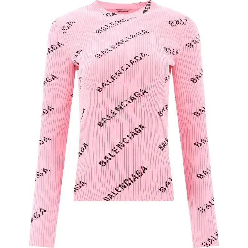 Balenciaga Printed Ribbed Knit Sweater Pink