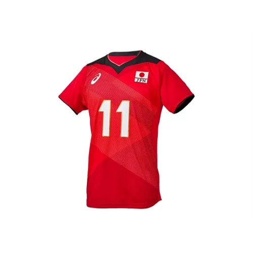 ASICS Elastic quick dry volleyball red uniform for men and women, with your logo imprint, with short sleeve