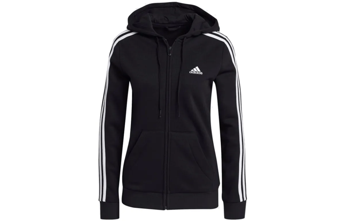 Adidas Side Stripes Sports Knitted Fabric Fleece Lined Hood Jacket Winter Women's Black