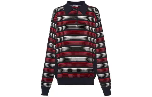 MIU MIU Miu Miu SS23 Striped Printed Cotton Knit Long Sleeve Polo Shirt Women's Blue